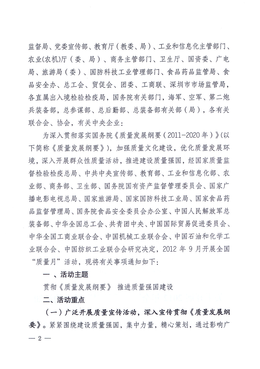 關(guān)于開展2012年全國&ldquo;質(zhì)量月&rdquo;活動(dòng)的通知